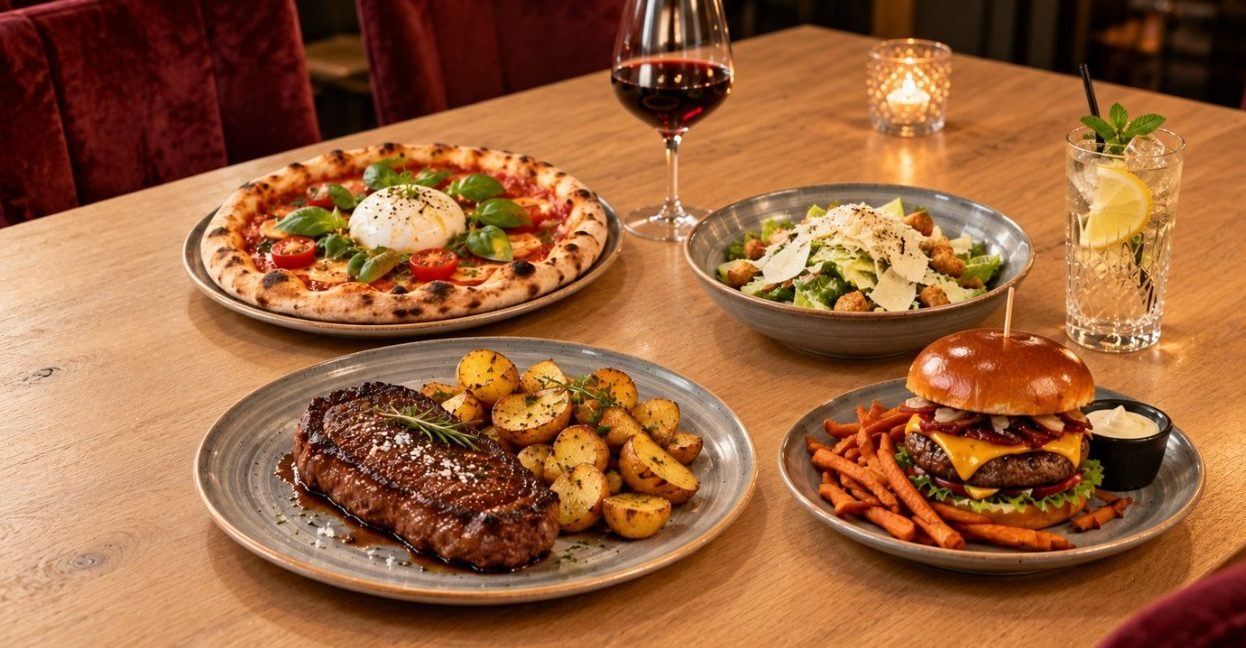 Pizza, Burger, Steak und Salat auf dem Tisch